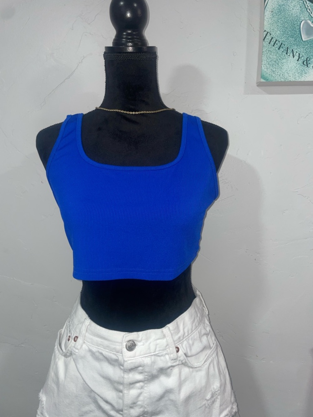 SHEIN Ribbed Square Neck Crop Tank in Cobalt